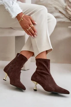 Clearance Boto Botki Damskie Na Szpilce Eko Zamszowe Z Noskami W Szpic Brązowe Irithare