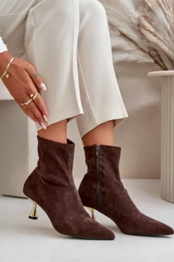 Clearance Boto Botki Damskie Na Szpilce Eko Zamszowe Z Noskami W Szpic Brązowe Irithare