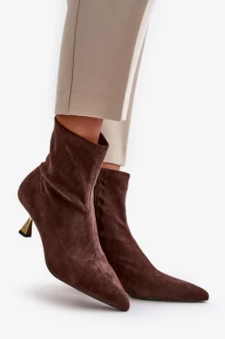 Clearance Boto Botki Damskie Na Szpilce Eko Zamszowe Z Noskami W Szpic Brązowe Irithare