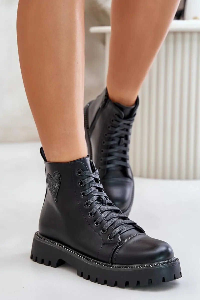 Clearance Boto Botki Damskie Na Zamek Z Ozdobnym Sercem Czarne Obeena Czarny