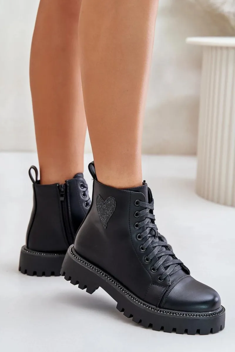 Clearance Boto Botki Damskie Na Zamek Z Ozdobnym Sercem Czarne Obeena Czarny