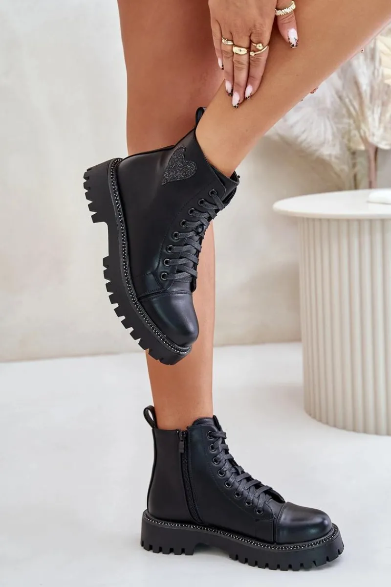 Clearance Boto Botki Damskie Na Zamek Z Ozdobnym Sercem Czarne Obeena Czarny