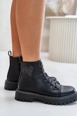 Clearance Boto Botki Damskie Na Zamek Z Ozdobnym Sercem Czarne Obeena Czarny