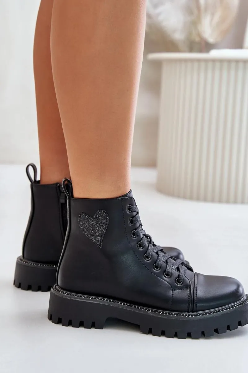 Clearance Boto Botki Damskie Na Zamek Z Ozdobnym Sercem Czarne Obeena Czarny
