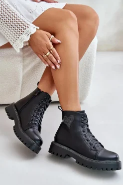 Clearance Boto Botki Damskie Na Zamek Z Ozdobnym Sercem Czarne Obeena Czarny