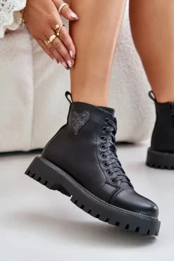 Clearance Boto Botki Damskie Na Zamek Z Ozdobnym Sercem Czarne Obeena Czarny