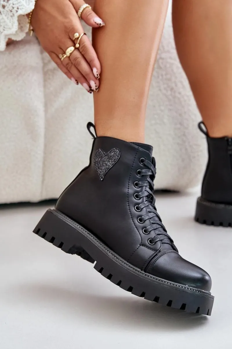 Clearance Boto Botki Damskie Na Zamek Z Ozdobnym Sercem Czarne Obeena Czarny