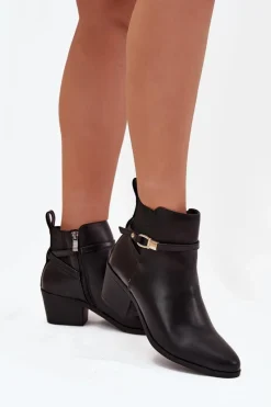 New Boto Botki Damskie Na Zamek Z Paseczkiem I Złotym Detalem Czarne Zelinae Czarny