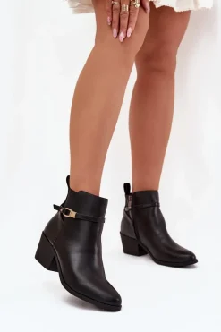 New Boto Botki Damskie Na Zamek Z Paseczkiem I Złotym Detalem Czarne Zelinae Czarny