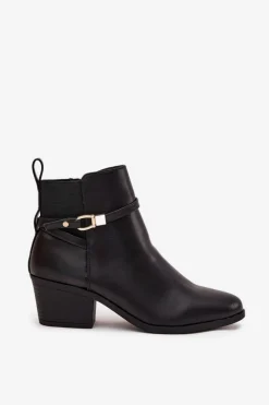 New Boto Botki Damskie Na Zamek Z Paseczkiem I Złotym Detalem Czarne Zelinae Czarny