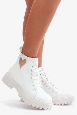 Online Botki Damskie Na Zamek Z Ozdobnym Sercem Białe Obeena Damskie Botki Sznurowane|Czarne Botki
