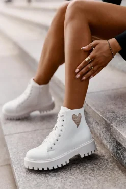 Online Botki Damskie Na Zamek Z Ozdobnym Sercem Białe Obeena Damskie Botki Sznurowane|Czarne Botki