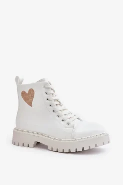 Online Botki Damskie Na Zamek Z Ozdobnym Sercem Białe Obeena Damskie Botki Sznurowane|Czarne Botki