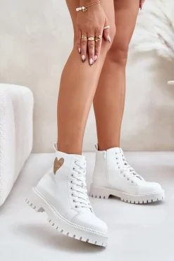 Online Botki Damskie Na Zamek Z Ozdobnym Sercem Białe Obeena Damskie Botki Sznurowane|Czarne Botki