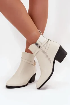 Discount Botki Damskie Na Zamek Z Paseczkiem I Złotym Detalem Jasnobeżowe Zelinae Damskie Botki Na Słupku|Czarne Botki