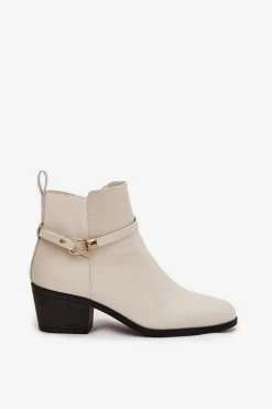 Discount Botki Damskie Na Zamek Z Paseczkiem I Złotym Detalem Jasnobeżowe Zelinae Damskie Botki Na Słupku|Czarne Botki