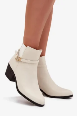 Discount Botki Damskie Na Zamek Z Paseczkiem I Złotym Detalem Jasnobeżowe Zelinae Damskie Botki Na Słupku|Czarne Botki