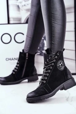 Best Botki Damskie Ocieplane Czarne Aspen Damskie Botki Sznurowane|Czarne Botki