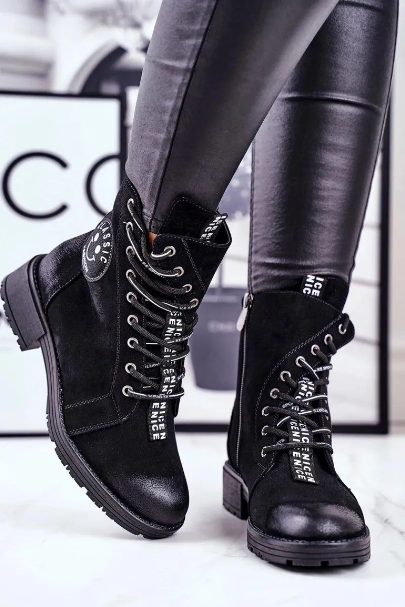 Best Botki Damskie Ocieplane Czarne Aspen Damskie Botki Sznurowane|Czarne Botki