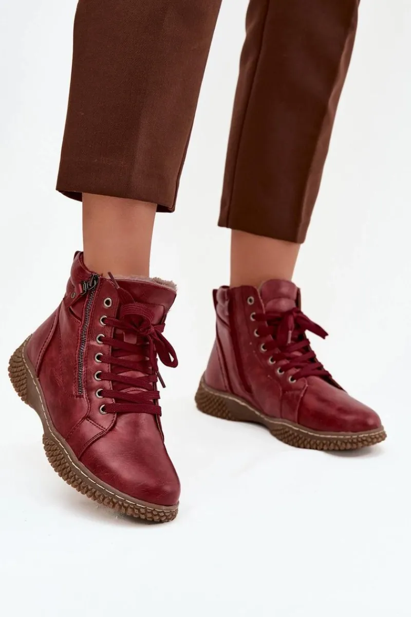 Evento Botki Damskie Ocieplane Futerkiem Z Eko Skóry Bordowe Ulverina