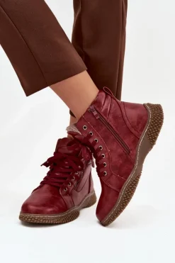 Evento Botki Damskie Ocieplane Futerkiem Z Eko Skóry Bordowe Ulverina