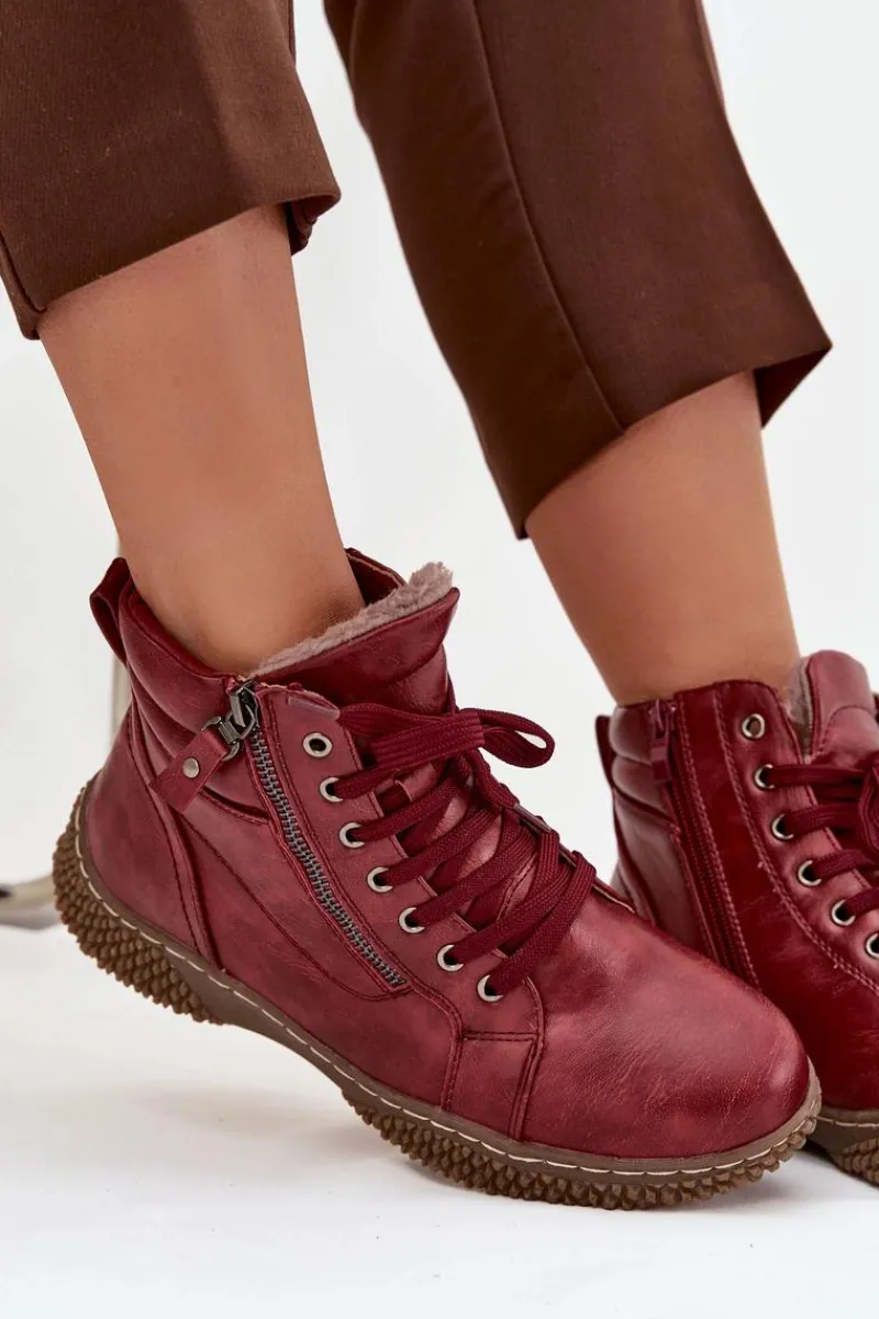 Evento Botki Damskie Ocieplane Futerkiem Z Eko Skóry Bordowe Ulverina