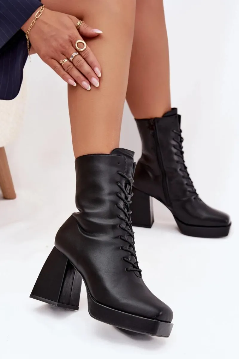 Botki Damskie Ocieplane Na Słupku Ze Sznurowaniem Czarne Juvina Damskie Botki Ocieplane|Botki Na Słupku