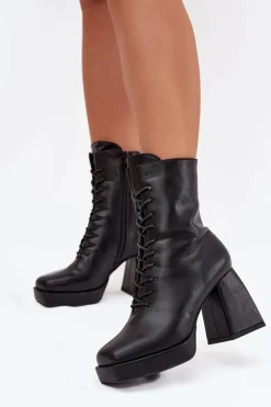 Botki Damskie Ocieplane Na Słupku Ze Sznurowaniem Czarne Juvina Damskie Botki Ocieplane|Botki Na Słupku