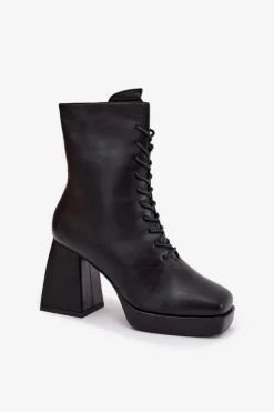 Botki Damskie Ocieplane Na Słupku Ze Sznurowaniem Czarne Juvina Damskie Botki Ocieplane|Botki Na Słupku