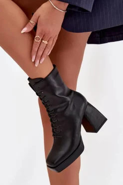 Botki Damskie Ocieplane Na Słupku Ze Sznurowaniem Czarne Juvina Damskie Botki Ocieplane|Botki Na Słupku