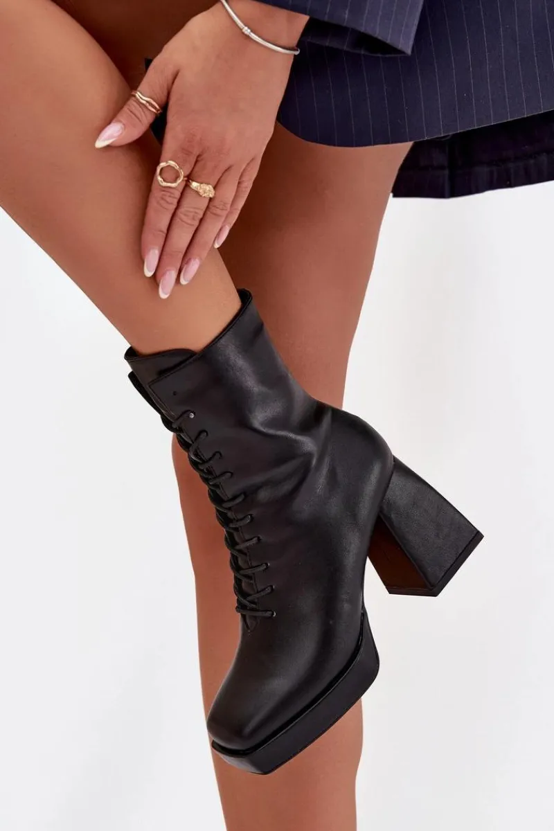 Botki Damskie Ocieplane Na Słupku Ze Sznurowaniem Czarne Juvina Damskie Botki Ocieplane|Botki Na Słupku