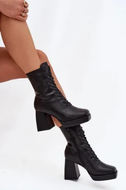 Botki Damskie Ocieplane Na Słupku Ze Sznurowaniem Czarne Juvina Damskie Botki Ocieplane|Botki Na Słupku