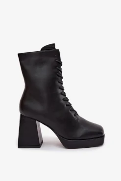 Botki Damskie Ocieplane Na Słupku Ze Sznurowaniem Czarne Juvina Damskie Botki Ocieplane|Botki Na Słupku