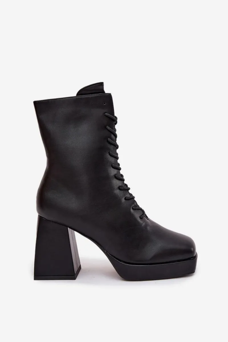 Botki Damskie Ocieplane Na Słupku Ze Sznurowaniem Czarne Juvina Damskie Botki Ocieplane|Botki Na Słupku