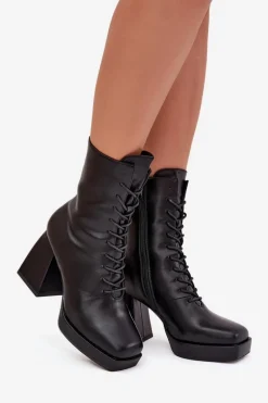 Botki Damskie Ocieplane Na Słupku Ze Sznurowaniem Czarne Juvina Damskie Botki Ocieplane|Botki Na Słupku