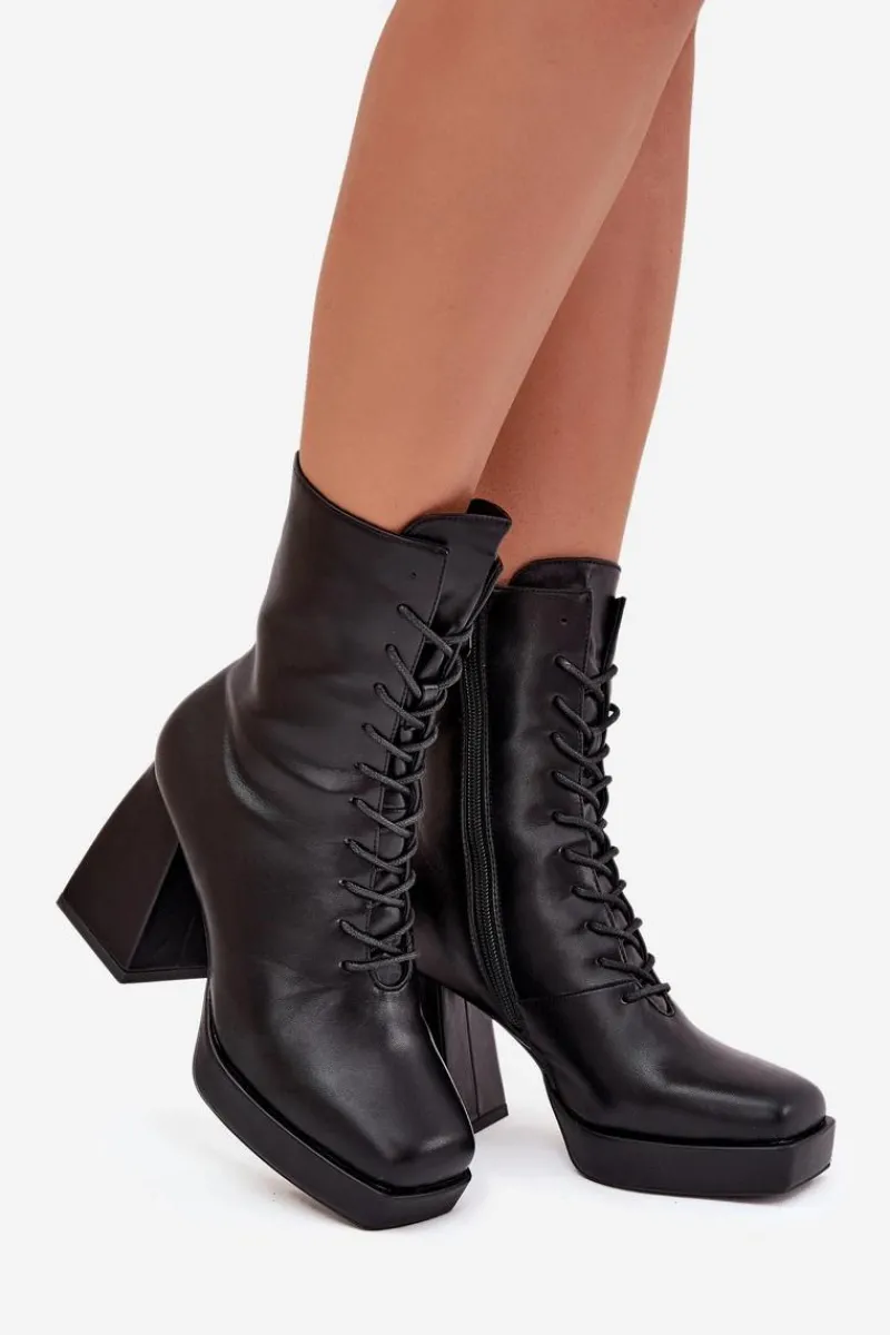 Botki Damskie Ocieplane Na Słupku Ze Sznurowaniem Czarne Juvina Damskie Botki Ocieplane|Botki Na Słupku