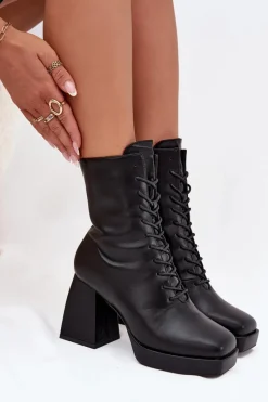 Botki Damskie Ocieplane Na Słupku Ze Sznurowaniem Czarne Juvina Damskie Botki Ocieplane|Botki Na Słupku