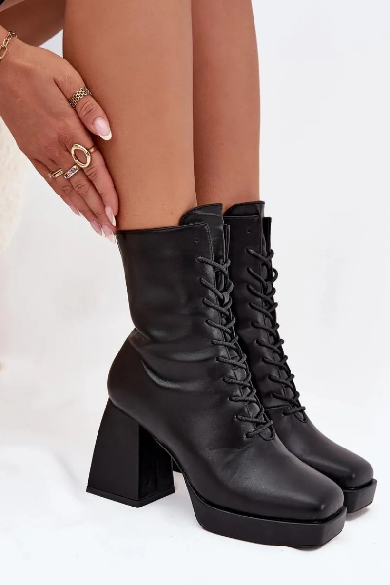 Botki Damskie Ocieplane Na Słupku Ze Sznurowaniem Czarne Juvina Damskie Botki Ocieplane|Botki Na Słupku