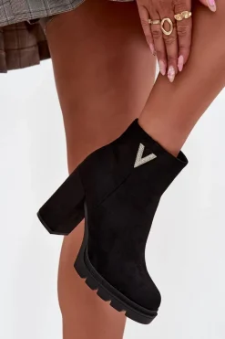 Botki Ocieplane|Botki Na Słupku>Boto Botki Damskie Ocieplane Na Słupku Z Ozdobnym Detalem Czarne Briella Czarny