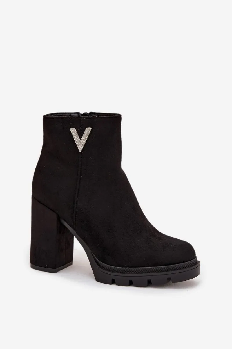 Botki Ocieplane|Botki Na Słupku>Boto Botki Damskie Ocieplane Na Słupku Z Ozdobnym Detalem Czarne Briella Czarny