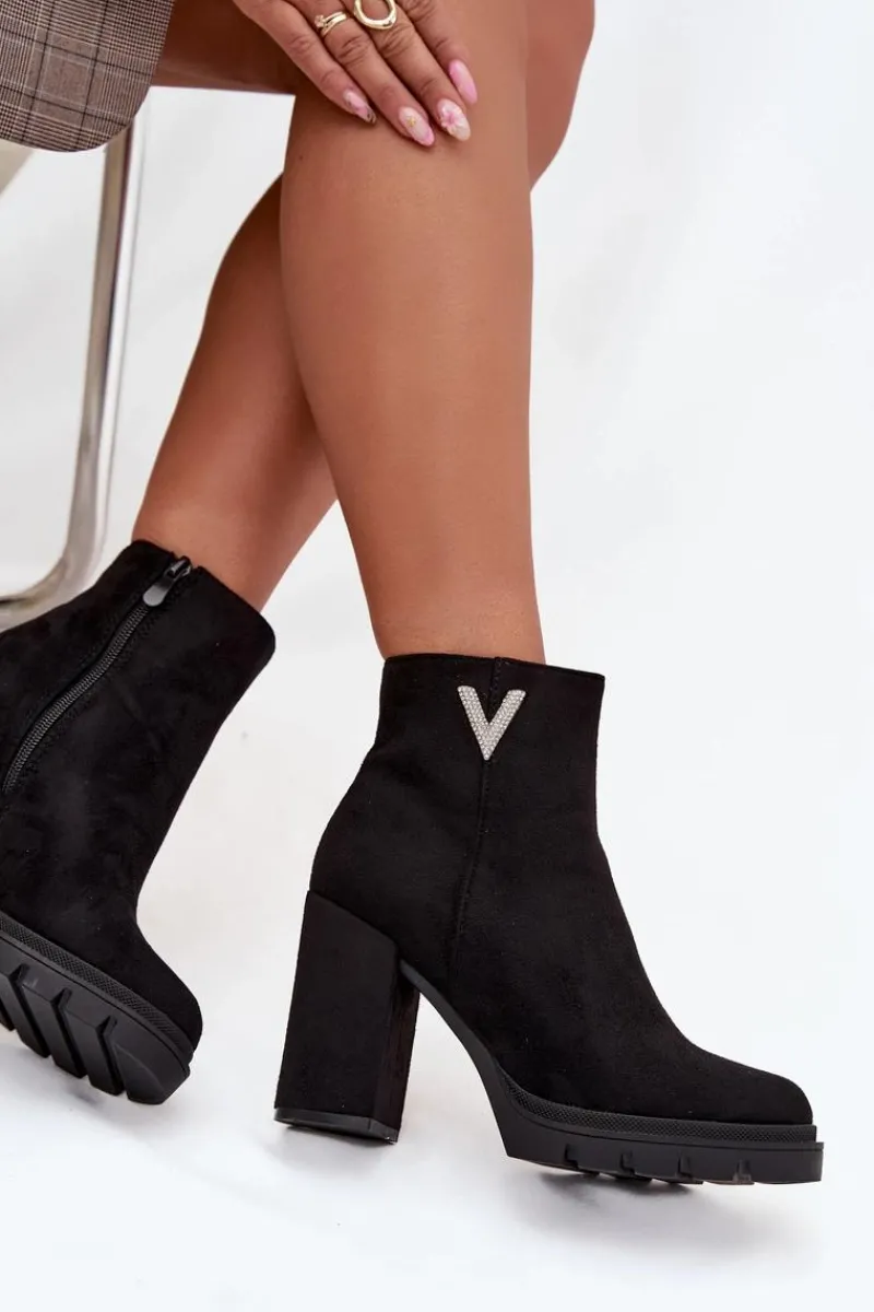 Botki Ocieplane|Botki Na Słupku>Boto Botki Damskie Ocieplane Na Słupku Z Ozdobnym Detalem Czarne Briella Czarny