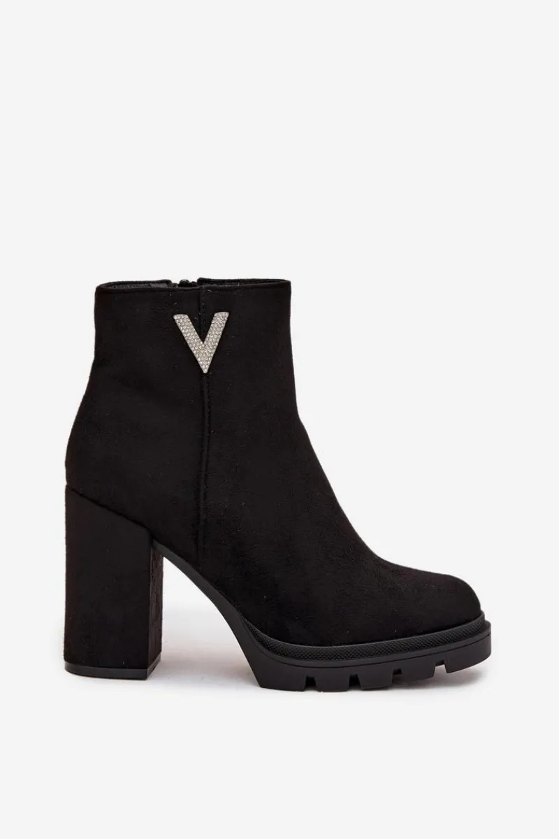 Botki Ocieplane|Botki Na Słupku>Boto Botki Damskie Ocieplane Na Słupku Z Ozdobnym Detalem Czarne Briella Czarny