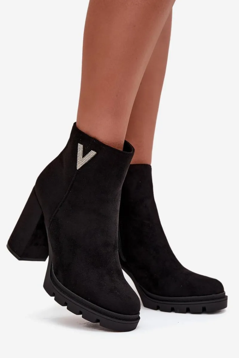 Botki Ocieplane|Botki Na Słupku>Boto Botki Damskie Ocieplane Na Słupku Z Ozdobnym Detalem Czarne Briella Czarny