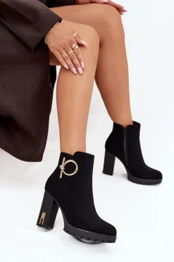 Outlet Boto Botki Damskie Ocieplane Na Słupku Ze Złotą Ozdobą Czarne Ysolde