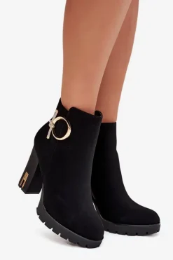 Outlet Boto Botki Damskie Ocieplane Na Słupku Ze Złotą Ozdobą Czarne Ysolde