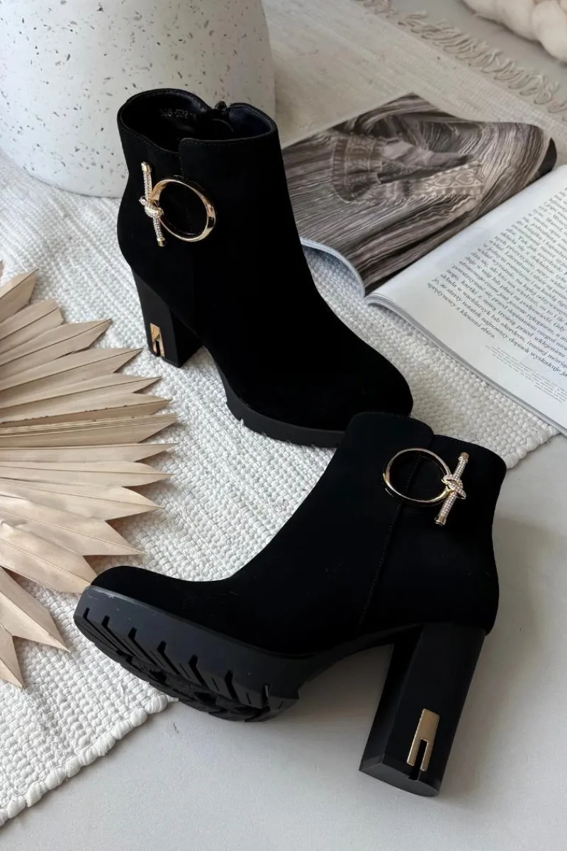 Outlet Boto Botki Damskie Ocieplane Na Słupku Ze Złotą Ozdobą Czarne Ysolde