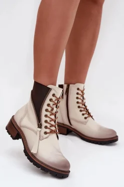 Clearance Botki Damskie Ocieplane Na Klocku Vinceza 58559 Beżowe Damskie Botki Ocieplane|Botki Sznurowane