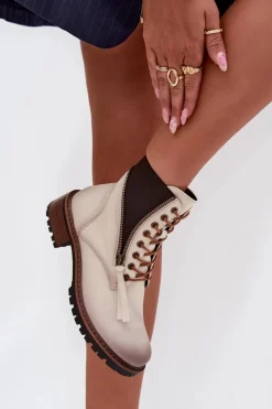 Clearance Botki Damskie Ocieplane Na Klocku Vinceza 58559 Beżowe Damskie Botki Ocieplane|Botki Sznurowane