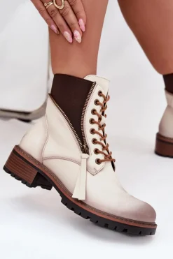 Clearance Botki Damskie Ocieplane Na Klocku Vinceza 58559 Beżowe Damskie Botki Ocieplane|Botki Sznurowane