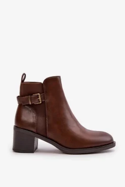 New Boto Botki Damskie Ocieplane Na Słupku Z Klamrą Brązowe Nevillira